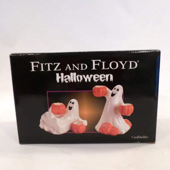 NEW 2004 FITZ & FLOYD HALLOWEEN CERAMIC SMILING GHOST TAPER CANDLE HOLDER SET - Picture 12 of 13